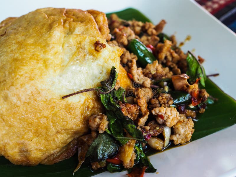 Spicy Fried Pork with Basil Leaves and Egg Stock Photo Image of basil