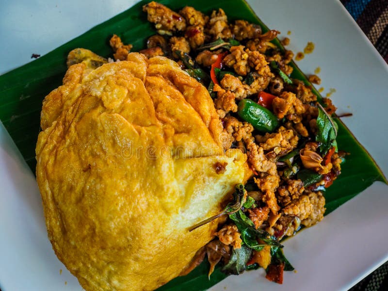 Spicy Fried Pork with Basil Leaves and Egg Stock Image Image of asian