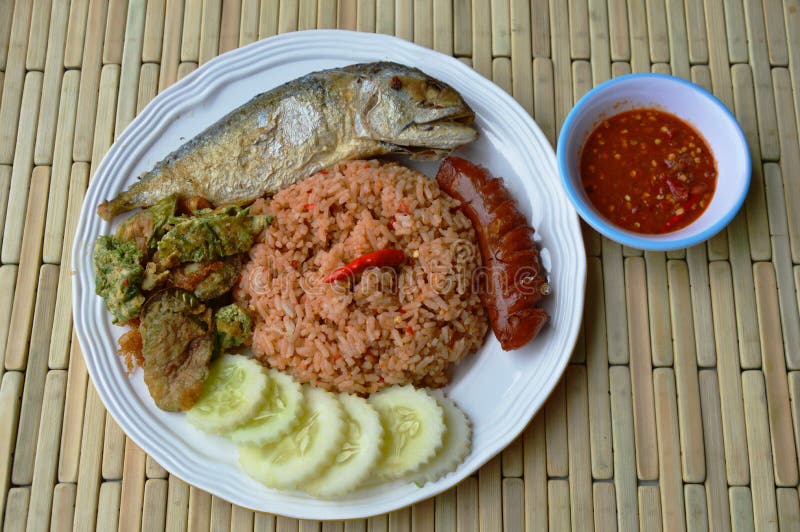 Spicy Fried Rice with Shrimp Paste Sauce and Mackerel on Dish Stock