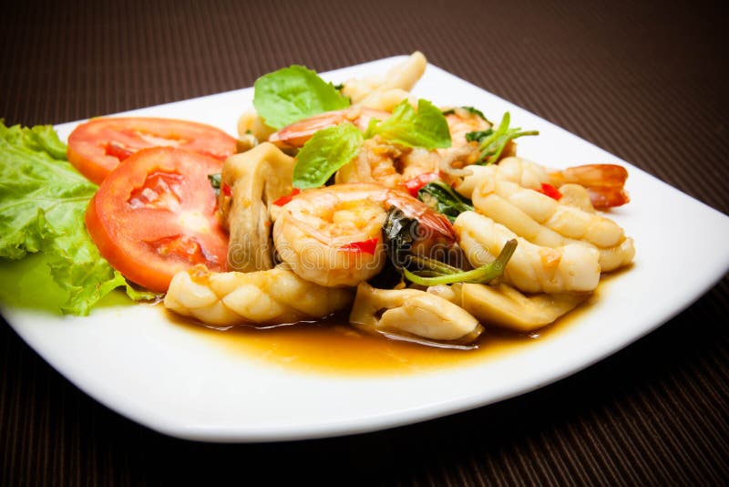 Spicy Fried Squid and Shrimp with Basil Leaves Stock Image Image of