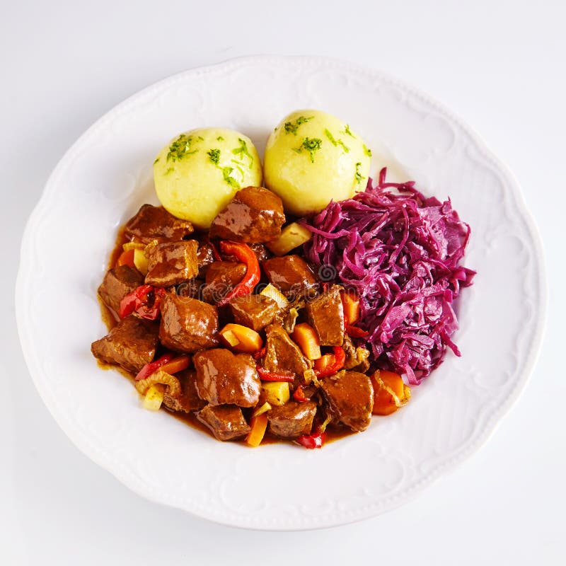 Spicy German Beef Platter with Potato Dumplings Stock Photo Image of