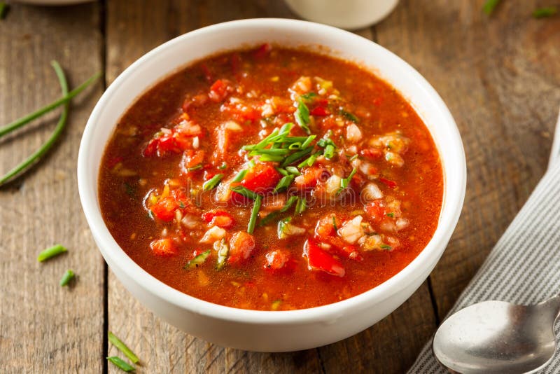 Spicy Homemade Gazpacho Soup Stock Photo - Image of garnish, green ...