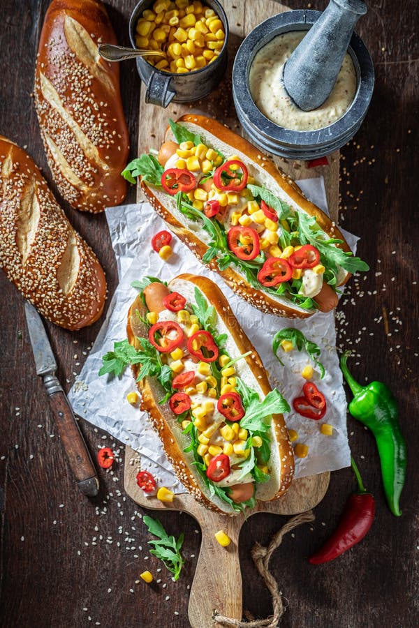 Spicy Hot Dogs with Corn, Chilli and Sauce Stock Image Image of