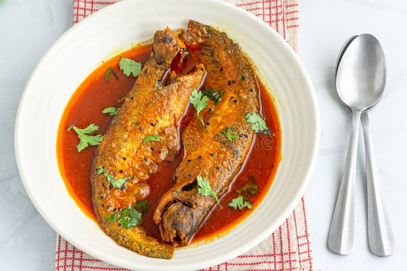 Traditional Indian Small Fish Curry with Gravy in a Serving Bowl Garnished with Cilantro Top Down Horizontal Food Photo. Traditional Indian Small Fish Curry with Gravy in a Serving Bowl Garnished with Cilantro Top Down Horizontal Food Photo