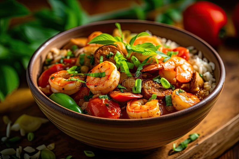Spicy Jambalaya with Shrimp, Sausage, and Rice Stock Illustration