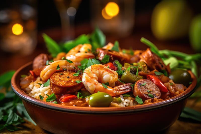 Spicy Jambalaya with Shrimp, Sausage, and Rice Stock Illustration