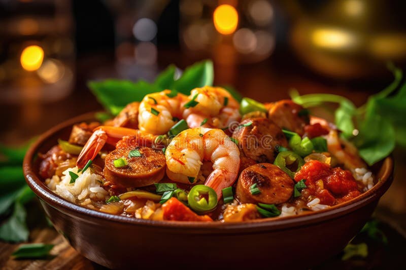 Spicy Jambalaya with Shrimp, Sausage, and Rice Stock Illustration