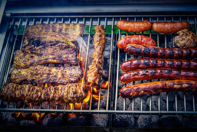 Meat on grill stock photo. Image of beef, portion, dinner 195414256