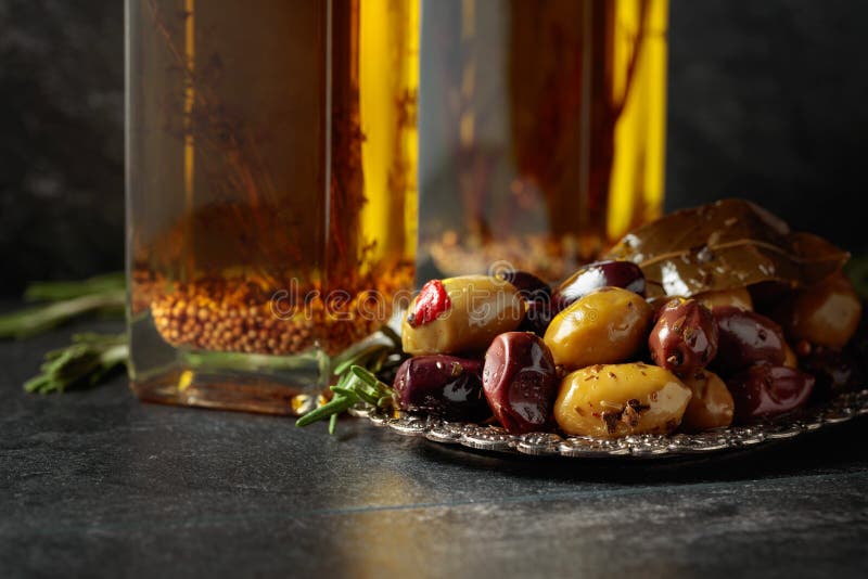 Spicy Olives and Bottles of Olive Oil Stock Image Image of extra