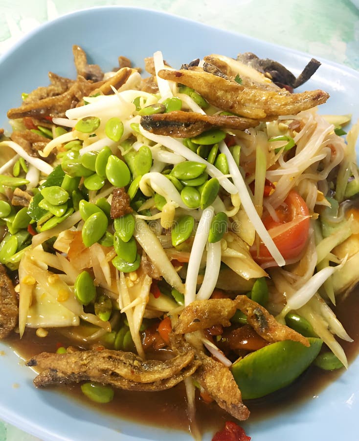 Spicy Papaya Salad with Crispy Fish Stock Photo Image of papaya