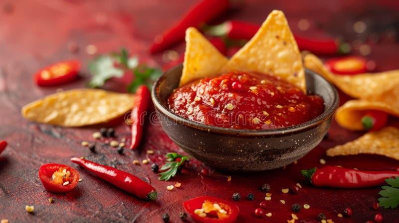 Spicy salsa dip with tortilla chips and red chili peppers. royalty free stock image