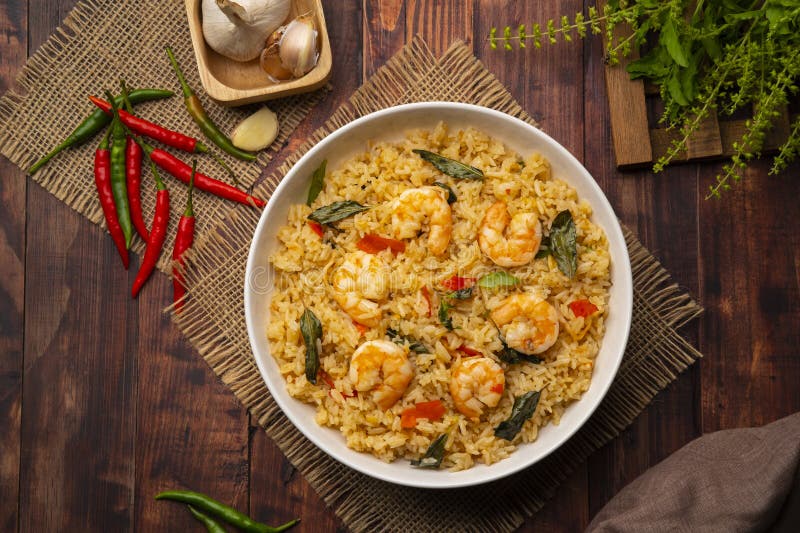 Spicy Shrimp Fried Rice with Thai Holy Basil Leaves Stock Photo - Image
