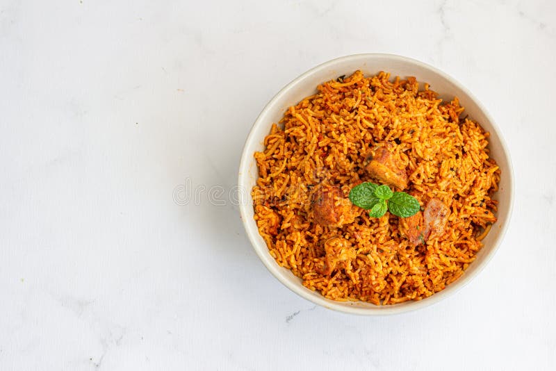 Indian Chicken Biryani on White Background with Blank Space Top Down Photo. Chicken dum biryani stock images, royalty-free photos and pictures