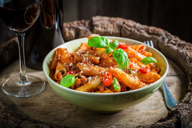 Spicy Spaghetti Bolognese with Red Wine and Parmesan Stock Image ...