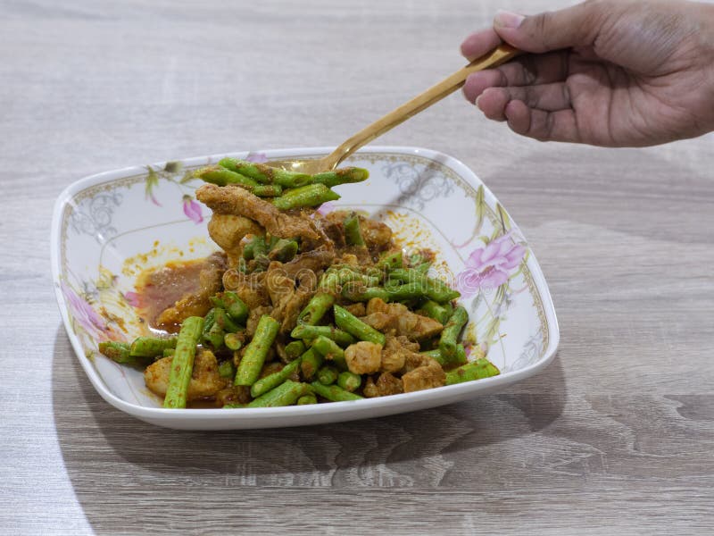Spicy Stirfried Mixed with Yard Long Beans, Spicy Food Stock Photo