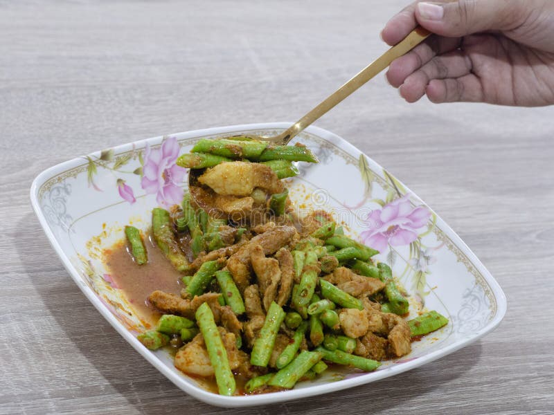 Spicy Stirfried Mixed with Yard Long Beans, Spicy Food Stock Photo