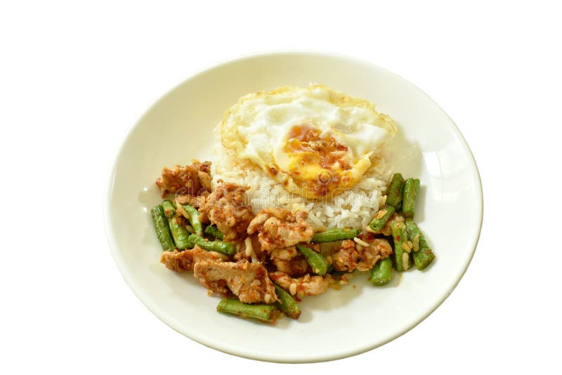 Spicy Stir Fried Pork with Yard Long Bean Curry Topping Egg on Rice