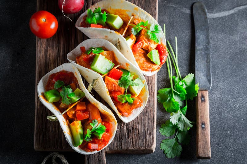 Spicy Tacos with Avocado, Lime and Tomato Sauce Stock Photo Image of lettuce, chicken 93139568