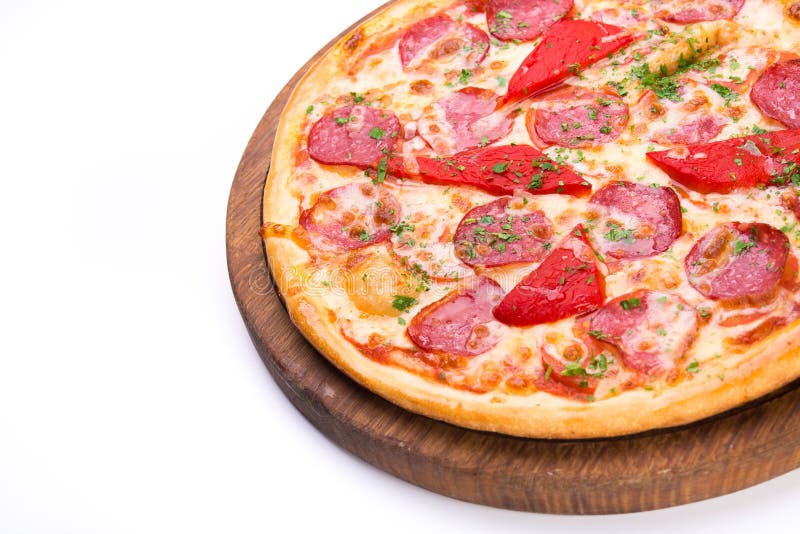 Spicy tasty pizza with salami and red pepper stock photos Spicy tasty pizza with salami and red pepper stock photos