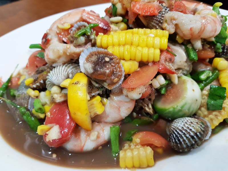 Spicy Thai Mix Seafood and Vegetable Salad Stock Image Image of green