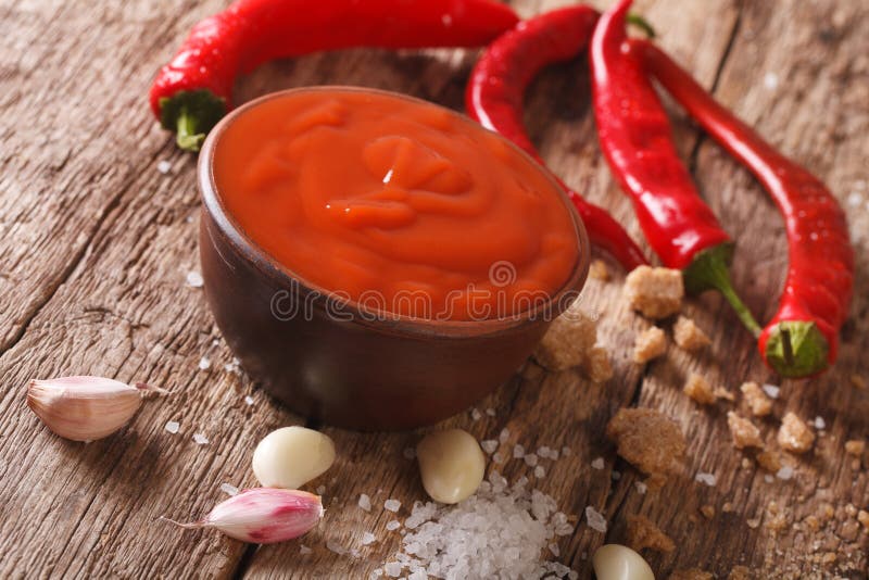 Spicy Thai Sriracha Sauce with Ingredients Closeup. Horizontal Stock Photo Image of chilli