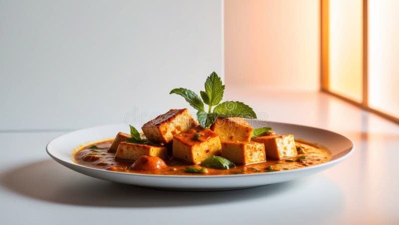 Spicy Tofu Curry with Fresh Mint Garnish. Stock Photo - Image of ...