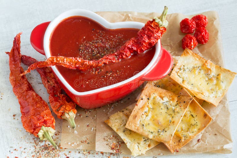 Spicy Tomato Soup with Red Pepper and Cheese Crisps Stock Image Image