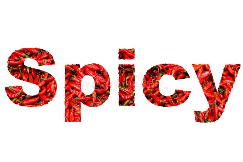 â€œSpicyâ€ word filled with red hot chili peppers isolated on a seamless white background