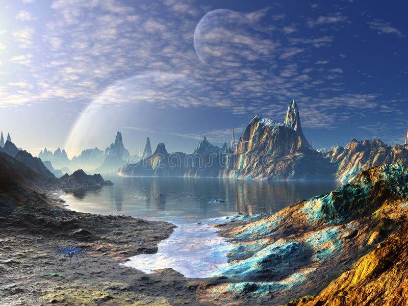 An iridescent coloured alien landscape with two planets in orbit above. A tiny spider creature waits on the beach. An iridescent coloured alien landscape with two planets in orbit above. A tiny spider creature waits on the beach.