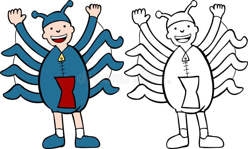 Cartoon image of a person dressed in a spider costume - color and black/white versions. Cartoon image of a person dressed in a spider costume - color and black/white versions.