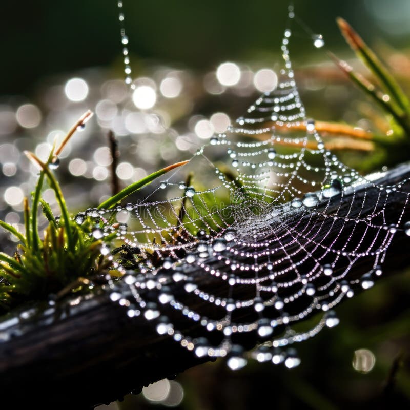 A spider web covered in dew drops, AI stock illustration