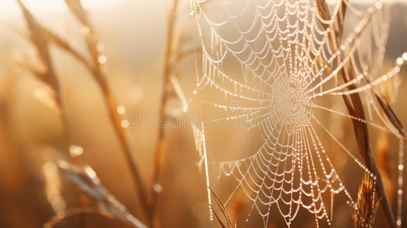 A spider web is covered with dew in the grass, AI stock illustration
