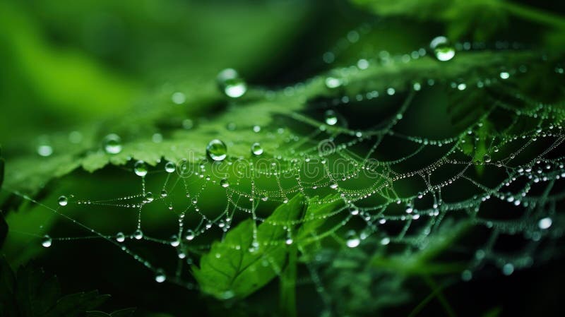 A spider web covered in dew sits on a green leaf, AI stock illustration