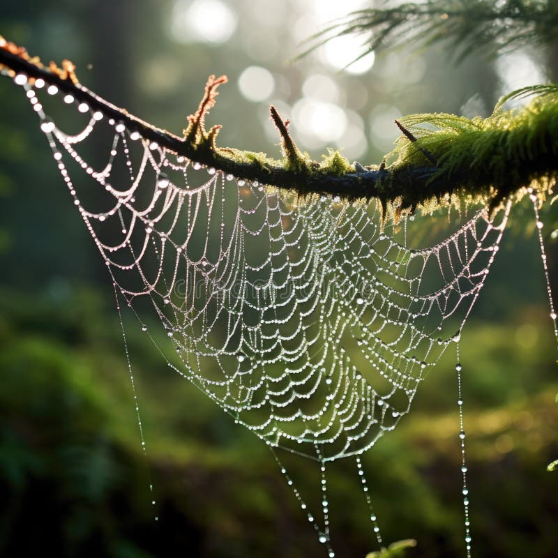 Spider web with dew drops in the morning light, AI stock illustration