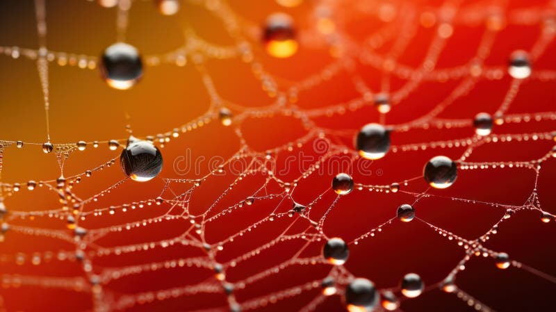 A spider web with water droplets on it is shown, AI stock illustration