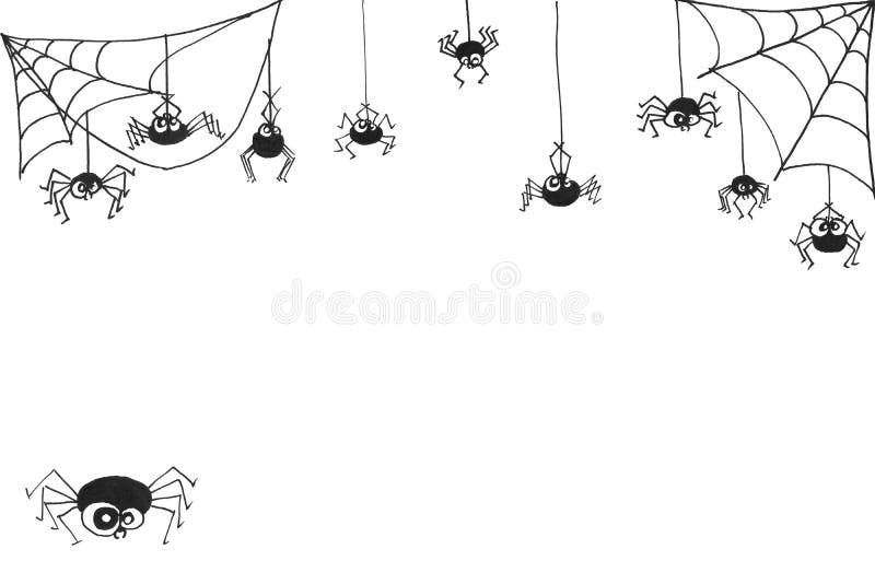 Spiders and Cobwebs Hanging from the Corners and Top Edge of the Image