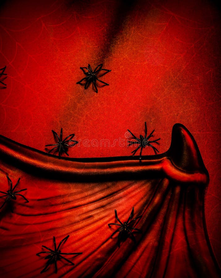 Spiders on red Halloween background, collar of Dracula, spiderweb texture, scary postcard, festive backdrop. Spiders on red Halloween background, collar of Dracula, spiderweb texture, scary postcard, festive backdrop