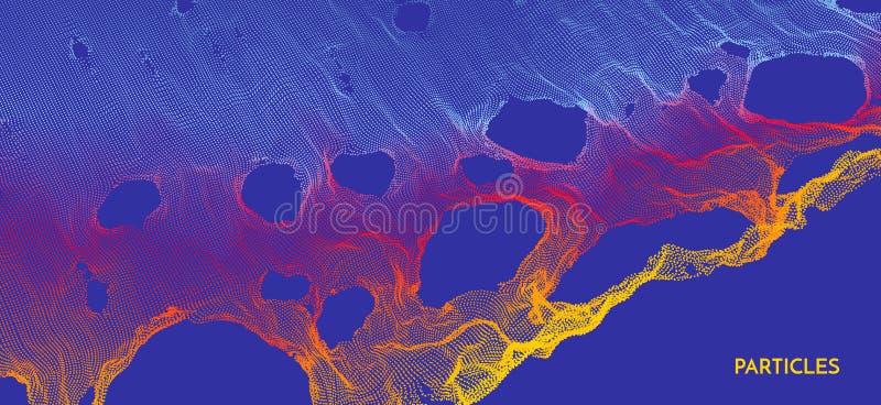 This spiderweb has been broken. Abstract grid background with hole. Array with dynamic particles. Texture. 3D grid surface. stock illustration