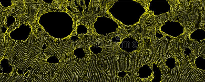 This spiderweb has been broken. Abstract grid background with hole. Array with dynamic particles. Texture. 3D grid surface. royalty free illustration