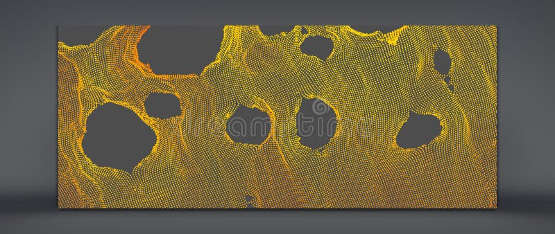 This spiderweb has been broken. Abstract grid background with hole. Array with dynamic particles. Texture. 3D grid surface. royalty free illustration