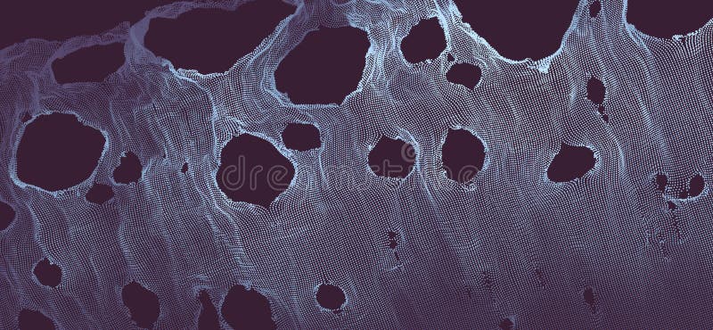 This spiderweb has been broken. Abstract grid background with hole. Array with dynamic particles. Texture. 3D grid surface. vector illustration