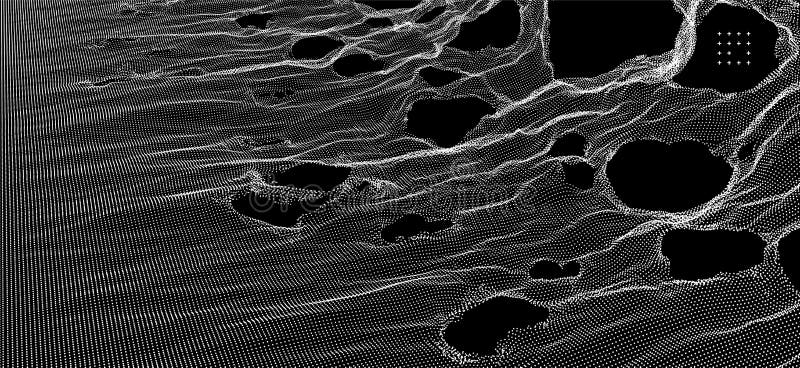 This spiderweb has been broken. Abstract grid background with hole. Array with dynamic particles. Texture. 3D grid surface. stock illustration