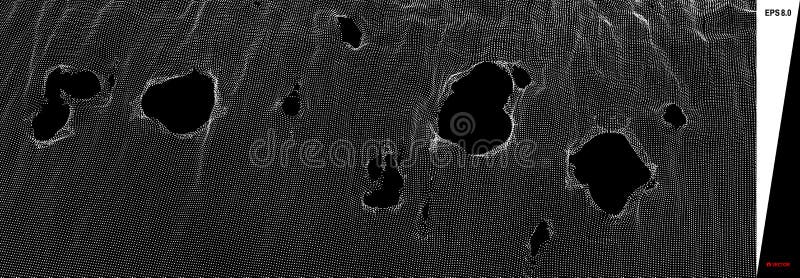 This spiderweb has been broken. Abstract grid background with hole. Array with dynamic particles. Texture. 3D grid surface. vector illustration