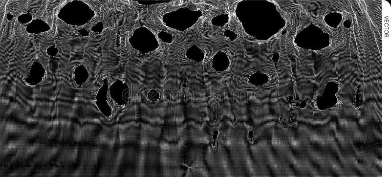 This spiderweb has been broken. Abstract grid background with hole. Array with dynamic particles. Texture. 3D grid surface. royalty free illustration