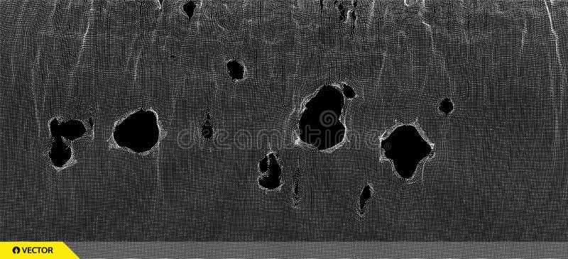 This spiderweb has been broken. Abstract grid background with hole. Array with dynamic particles. Texture. 3D grid surface. royalty free illustration