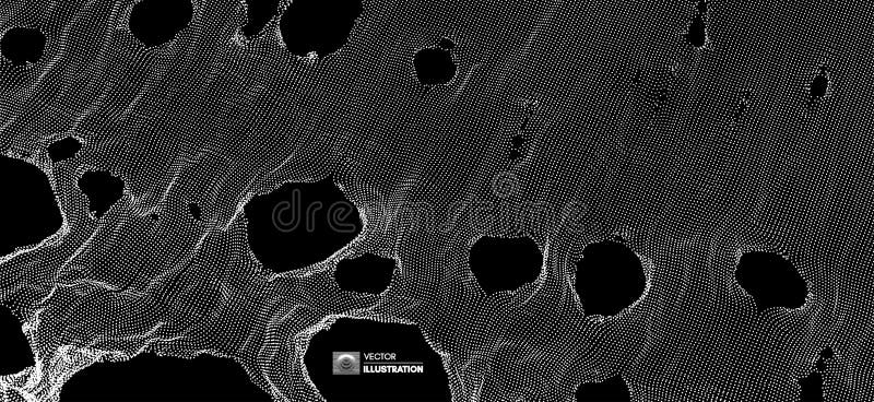 This spiderweb has been broken. Abstract grid background with hole. Array with dynamic particles. Texture. 3D grid surface. stock illustration