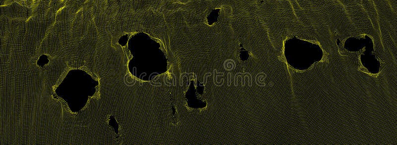This spiderweb has been broken. Abstract grid background with hole. Array with dynamic particles. Texture. 3D grid surface. vector illustration