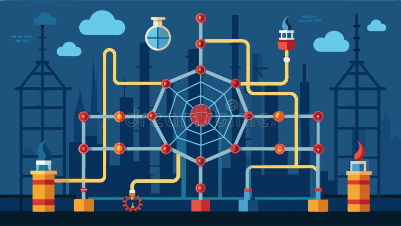 A spiderweb of interconnected pipelines connecting the various components of the refinery.. Vector illustration AI generated