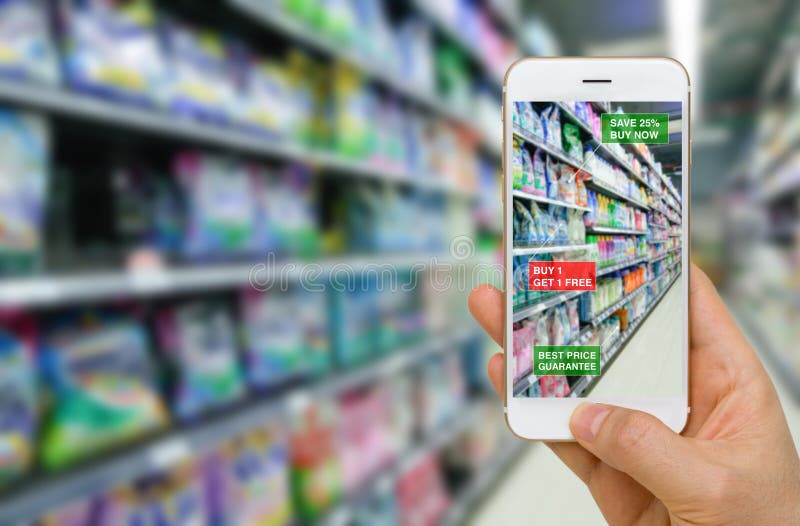 Augmented reality in retail business concept application in supermarket for discounted or on sale products. Augmented reality in retail business concept application in supermarket for discounted or on sale products.