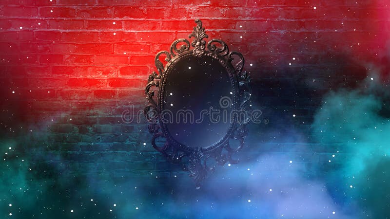 Spiegeln Sie magisches, Wahrsagerei und Erfüllung von Wünschen wider Backsteinmauer mit dickem Rauche lizenzfreie stockfotografie